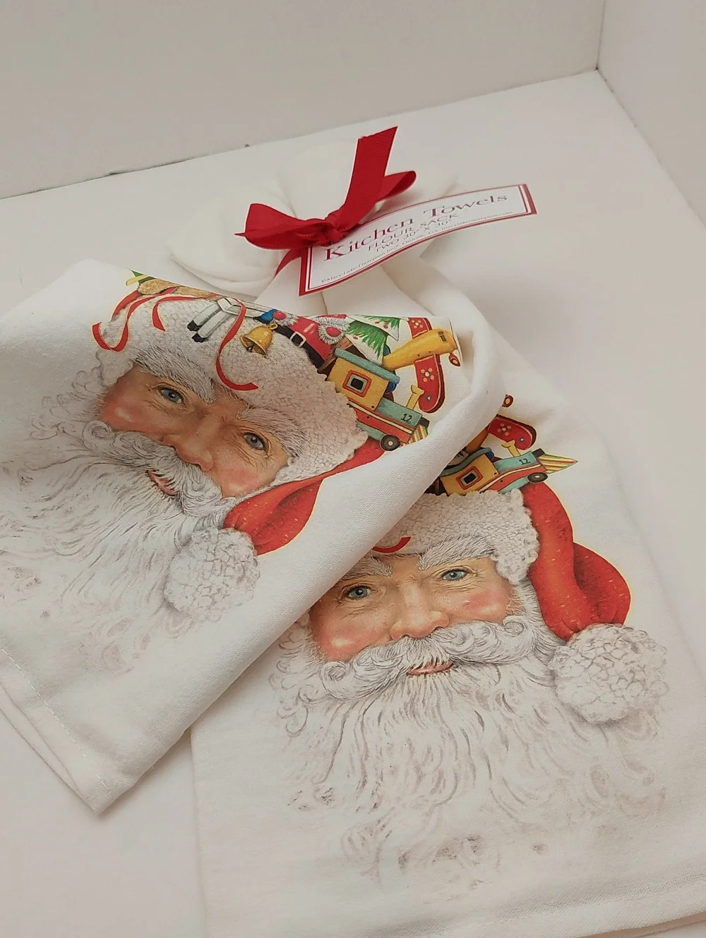 NEW 2 Flour Sack Cotton Towel Baking Christmas Santa White Red Accents Giftable